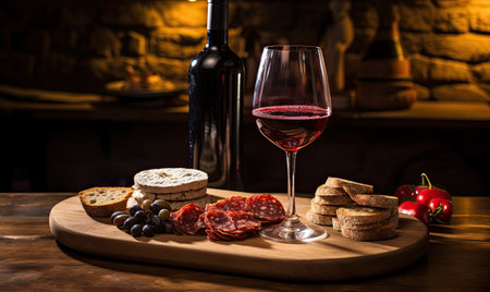 A wine glass and some food on a tableの素材