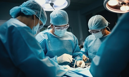 A team of surgeons working together to perform a surgical procedure in a hospital setting.の素材