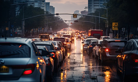 A crowded street filled with heavy traffic flows alongside towering buildings in an urban cityscape.の素材