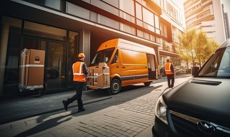 A man is seen walking along the street next to a parked van.の素材