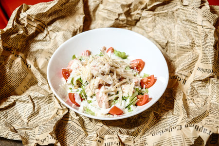 A white bowl filled with a healthy salad resting on top of a table.の写真素材