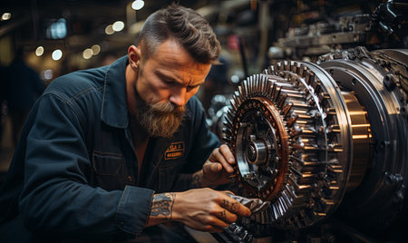 A man, part of an engineering team, is diligently working on a large machine in a bustling factory setting.の素材
