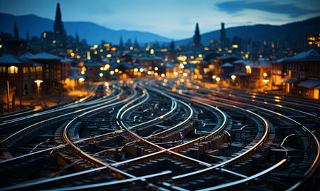 Train track leading towards urban cityscape with buildings in the background.の素材