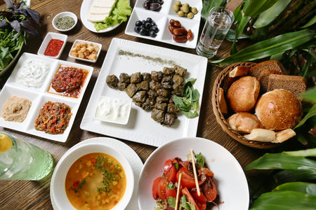 A wooden table topped with a variety of delicious food including plates of appetizing dishes and...