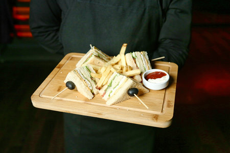A person holds a tray with a sandwich and fries, ready to enjoy a satisfying meal.の写真素材