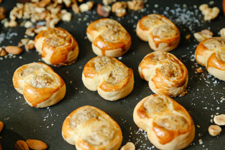 A variety of food items being cooked together on a pan.の写真素材