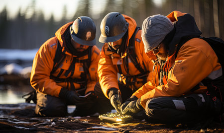 Group of people in orange jackets sitting down on the ground while prospecting for uranium deposit.の素材