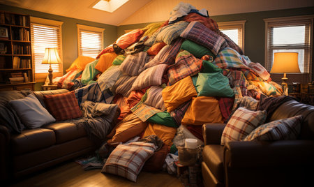 A stack of pillows arranged neatly on top of a couch in a cozy living room setting.の素材