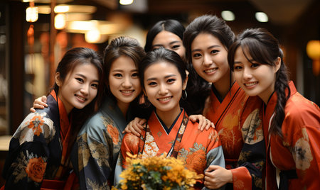 A group of Asian women stand next to each other, showcasing unity and cultural exchange at a cross strait event.の素材