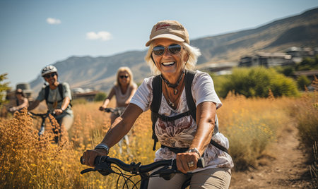 Group of seniors riding bicycles down a dusty trail in a leisurely manner.の素材