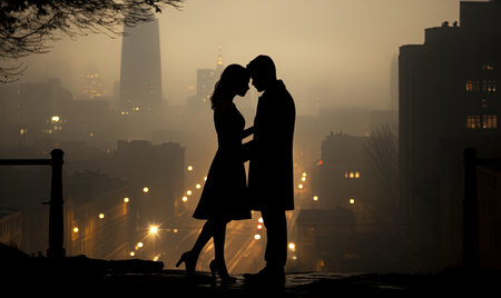 A man and a woman, standing with isolated silhouettes against a city skyline backdrop.の素材