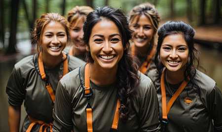 Women at a team building retreat standing united and ready for activities.の素材