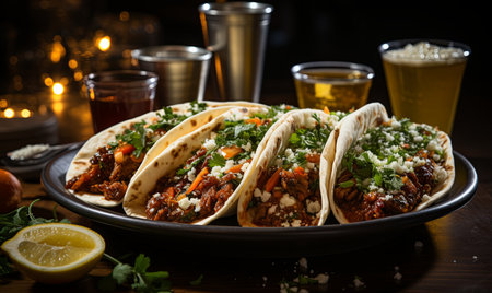 Three tacos filled with Al Pastor meat served on a plate next to a glass of beer.の素材