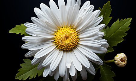 Detailed view of a white daisy flower against vibrant green leaves in sharp focus.の素材