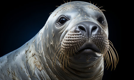 Detailed view of an elephant seal against a black backdrop.の素材