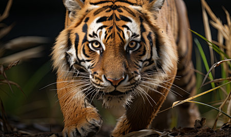 A Bengal tiger makes its way through a forest filled with tall grass.の素材
