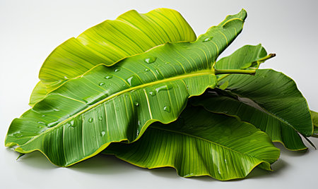 Close-up of a green leaf covered in glistening water droplets.の素材