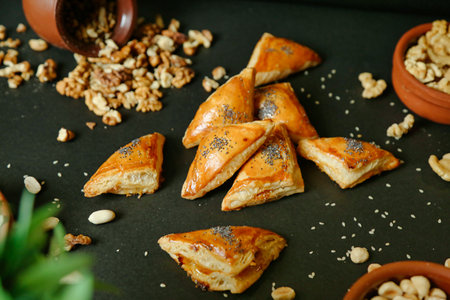 Various types of food are neatly laid out on a table, creating an appetizing display.の写真素材