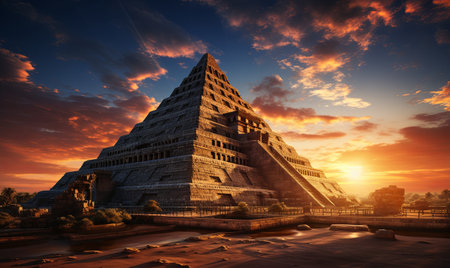 A very tall building towers over a vast field of green grass under a clear blue sky.の素材