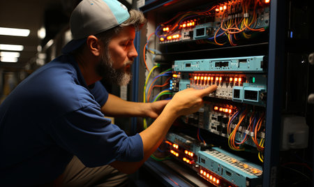 A man in a server room working on a server unit, surrounded by technical equipment and cables.の素材