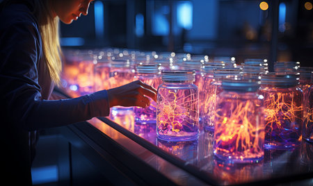 A woman is standing by a row of glass jars containing colorful liquids.の素材