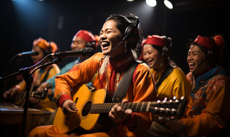 Several individuals playing guitars and singing together in a group setting.の素材