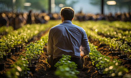A man is kneeling down in a field surrounded by plants, engaging with the natural surroundings.の素材