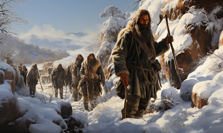 A painting depicting a group of men walking through a snowy landscape.の素材
