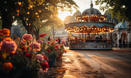 A carousel with colorful horses in a park, encircled by a variety of vibrant flowers in full bloom.の素材