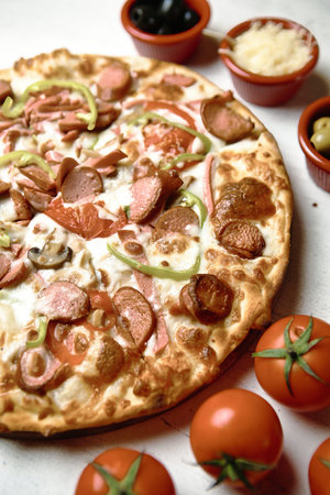 A delicious pizza covered in a variety of toppings sitting on top of a table.の写真素材
