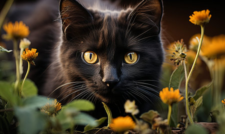 A cat is near some flowers in close-up.の素材