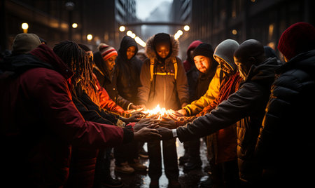 Group of individuals holding a lit candle together.の素材