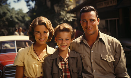 A man, woman, and child are standing in front of a car.の素材