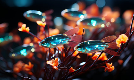 Two fish perched on a plant in a fish tank.の素材