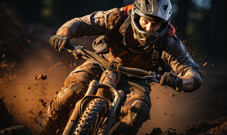 A man skillfully maneuvers a dirt bike through a dense forest, kicking up dirt and leaves in his wake.の素材