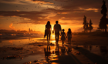A family consisting of parents and children walking on the beach with the sun setting in the background.の素材