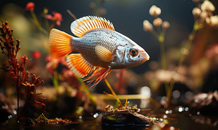 A fish gracefully swims through the clear water.の素材