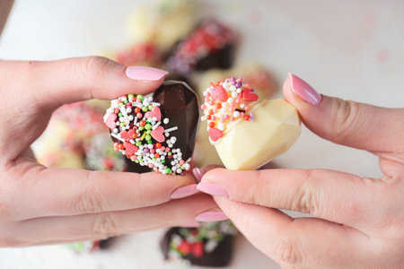 A photo of a couples hands gently gripping a heart shaped cookie.の写真素材