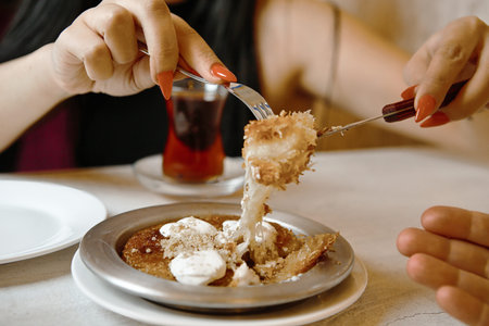 A woman is seen using a fork to eat a plate of food.