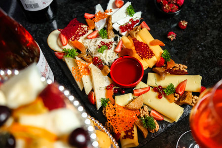 A platter showcasing a variety of cheeses and fresh fruits, accompanied by a glass of wine.の写真素材