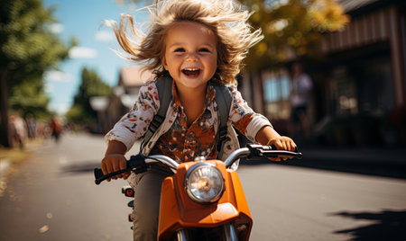 A young girl joyfully rides on the back of a motorcycle, holding on tight as they cruise along a road.の素材