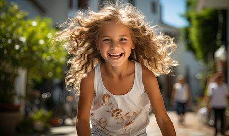 A young girl rides her bicycle down the street in a suburban neighborhood on a sunny day.の素材