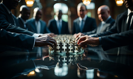 A group of men standing around a glass table in discussion.の素材