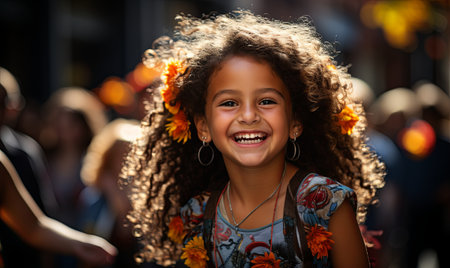 A young girl with a flower tucked behind her ear, looking at the camera with a gentle smile.の素材