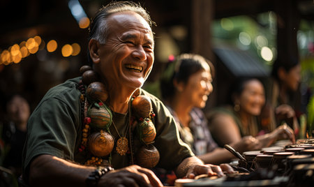 A man with a smile on his face is seated at a table surrounded by other people.の素材
