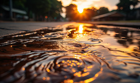 A puddle of water reflecting the setting sun in the background.の素材