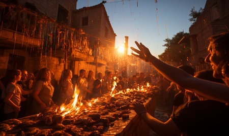 A gathering of individuals standing near a flaming fire pit in an outdoor setting.の素材