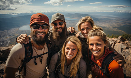 Collection of individuals grouped together while standing on the peak of a mountain.の素材