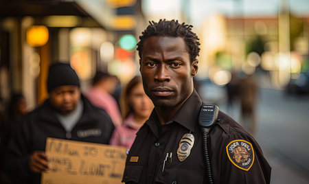 A man in a police uniform holding a sign.の素材