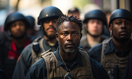A group of police officers in uniform standing next to each other in a line.の素材